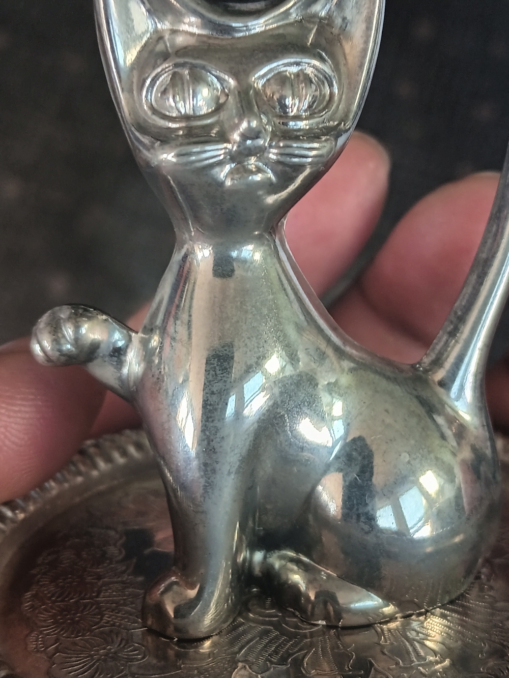 Silver Plated Cat Figurine Decorative Ring Dish - Silver Cat Jewelry Tray
